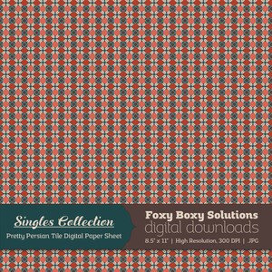 May include: A digital paper sheet with a repeating pattern of red, teal, and beige geometric shapes. The pattern resembles a Persian tile design. The text "Singles Collection" and "Pretty Persian Tile Digital Paper Sheet" is at the top of the image. The text "Foxy Boxy Solutions digital downloads" is at the bottom of the image. The text "8.5" x 11" | High Resolution, 300 DPI | .JPG" is also at the bottom of the image.