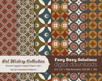 Art History Collection: Set of 6 Ancient Egyptian Geometric Pattern Digital Papers for Scrapbooking & Card Making, Instant Download Supply