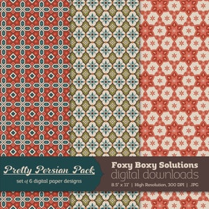 Puede incluir: Un conjunto de seis dise&ntilde;os de papel digital con intrincados patrones de inspiraci&oacute;n persa en tonos de rojo, verde, azul y blanco. Los dise&ntilde;os son perfectos para proyectos de manualidades, scrapbooking y dise&ntilde;o digital.