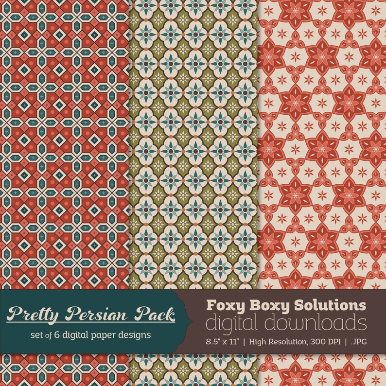 Puede incluir: Un conjunto de seis dise&ntilde;os de papel digital con intrincados patrones de inspiraci&oacute;n persa en tonos de rojo, verde, azul y blanco. Los dise&ntilde;os son perfectos para proyectos de manualidades, scrapbooking y dise&ntilde;o digital.