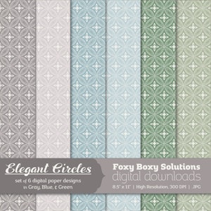 Elegant Circles: Dotted Line Circle Patterns, Digital Papers, set of 6 in Gray, Blue, and Green Instant Download Printable Scrapbook Paper image 1