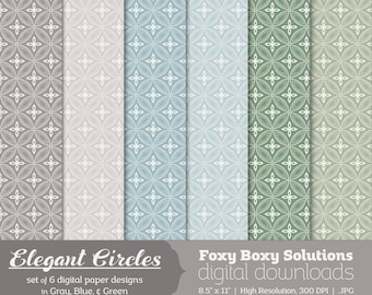 Círculos elegantes: patrones de círculo de línea punteada, documentos digitales, juego de 6 en gris, azul y verde instantáneo descargar Scrapbook papel imprimible