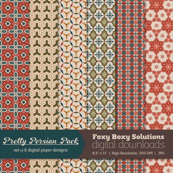Persian Patterns Digital Papers - Set of 6 JPEG Files - Printable Geometric & Floral Designs for Scrapbooking and Crafting