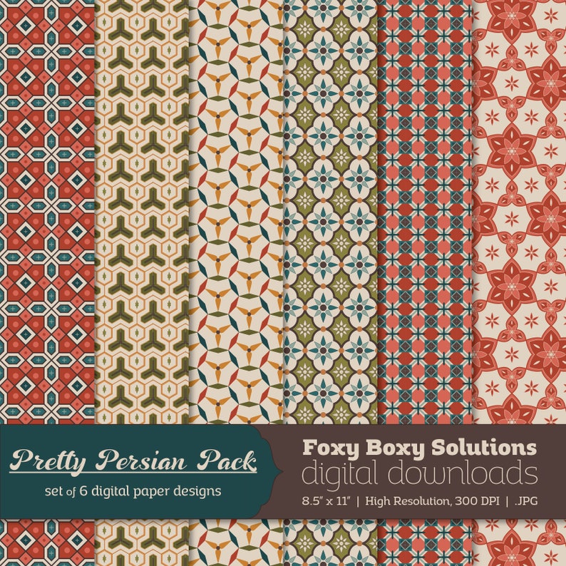 Puede incluir: Conjunto de seis dise&ntilde;os de papel digital con patrones geom&eacute;tricos en tonos de rojo, verde, azul y amarillo. Los dise&ntilde;os est&aacute;n inspirados en el arte persa y son perfectos para proyectos de manualidades, scrapbooking y dise&ntilde;o digital.