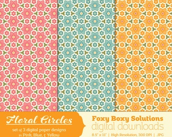 Floral Circles Pattern Digital Paper Pack set of 3 Digital Papers for Scrapbooking/Card Making/Crafting, Instant Download