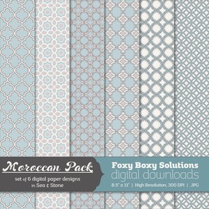 Moroccan Pattern Digital Papers - Sea & Stone, set of 6 - Printable Instant Download Digital Paper Pack - Blue - Gray