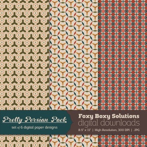 Puede incluir: Conjunto de seis dise&ntilde;os de papel digital con patrones geom&eacute;tricos en tonos de verde, rojo, azul, amarillo y marr&oacute;n. Los dise&ntilde;os se titulan "Pretty Persian Pack" y est&aacute;n disponibles como archivos JPG de alta resoluci&oacute;n.