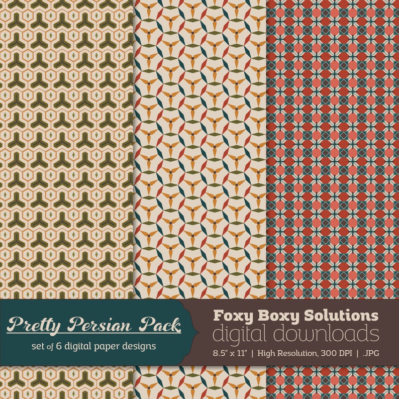 Puede incluir: Conjunto de seis dise&ntilde;os de papel digital con patrones geom&eacute;tricos en tonos de verde, rojo, azul, amarillo y marr&oacute;n. Los dise&ntilde;os se titulan "Pretty Persian Pack" y est&aacute;n disponibles como archivos JPG de alta resoluci&oacute;n.