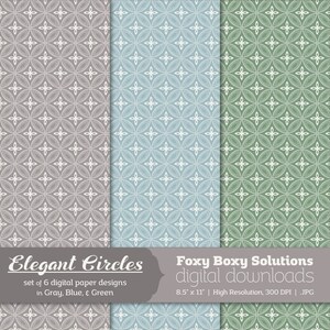 Elegant Circles: Dotted Line Circle Patterns, Digital Papers, set of 6 in Gray, Blue, and Green Instant Download Printable Scrapbook Paper image 3