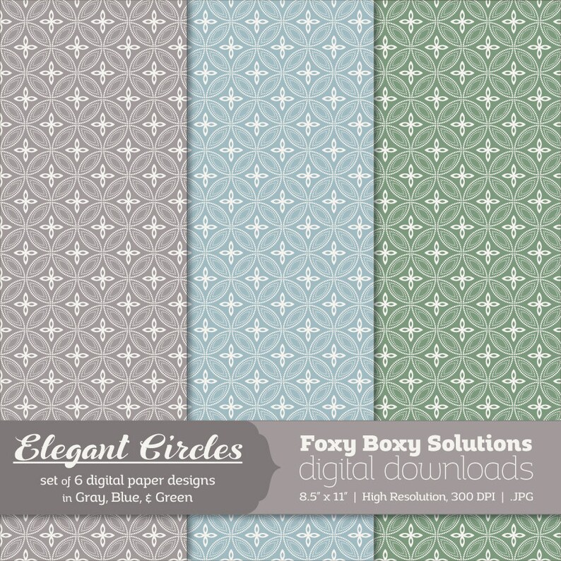 Elegant Circles: Dotted Line Circle Patterns, Digital Papers, set of 6 in Gray, Blue, and Green Instant Download Printable Scrapbook Paper image 3