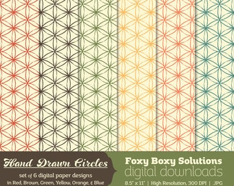 Hand Drawn Style Circle Pattern: set of 6 digital papers with a hand drawn look for scrapbooking and card making, instant download