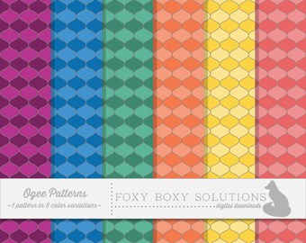 Ogee Pattern: 1 Pattern in 6 Colors; Bold Colors Pattern; High Resolution Digital Paper