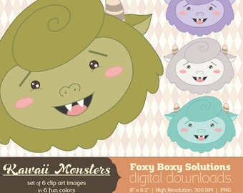 Kawaii Monsters Clip Art Pack: Set of 6 Colorful Cute Monsters Clip Art Images, instant download, digital download