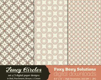 Fancy Circles: Circle Pattern Digital Papers, set of 3 in Red, Parchment, Brown, & Cream