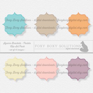 May include: Set of 12 pastel colored square bracket clip art images. The brackets are in various colors including teal, beige, orange, yellow, pink, and purple. The text "Square Brackets - Pastels Clip Art Pack -set of 12 images- FOXY BOXY SOLUTIONS digital downloads" is at the top of the image.