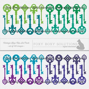 Skeleton Key Digital Clipart - Printable - Instant Download - Set of 100 Vintage Key Clip Art for Personal & Commercial Use