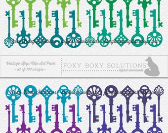 Skeleton Key Digital Clipart - Printable - Instant Download - Set of 100 Vintage Key Clip Art for Personal & Commercial Use