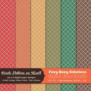 Cirkel patroon op Kraft digitale papier Pack: set van 6 digitale kranten in het rood, geel, bruin, oranje, teal en groene Instant Download
