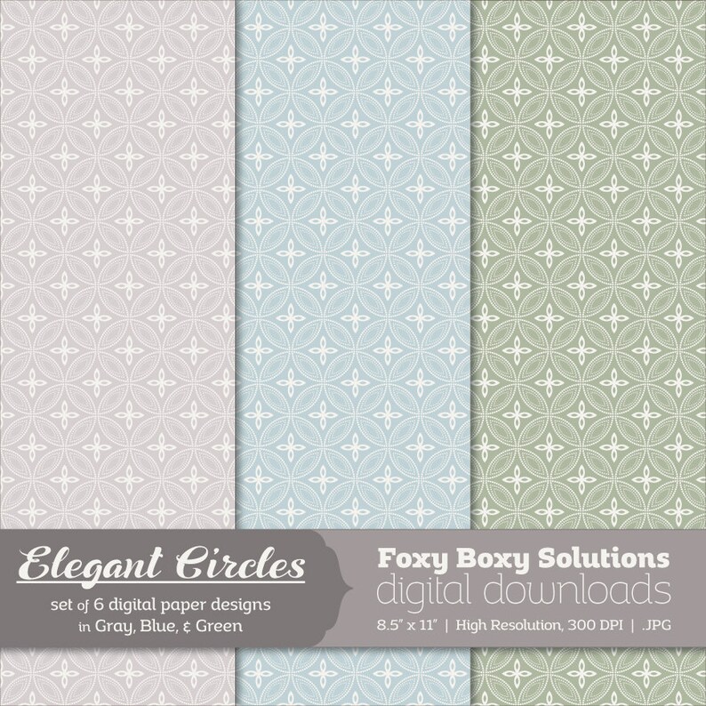 Elegant Circles: Dotted Line Circle Patterns, Digital Papers, set of 6 in Gray, Blue, and Green Instant Download Printable Scrapbook Paper image 2