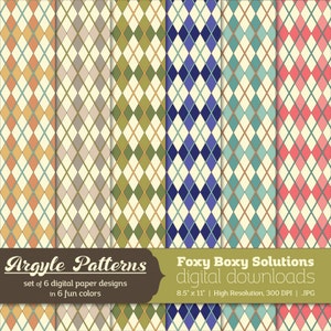Argyle Patterns Digital Paper Pack: set of 6 digital papers in Orange, Tan, Green, Blue, Pink, and Purple Instant Download