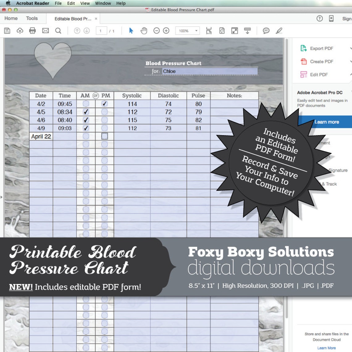 Printable Blood Pressure Chart With Editable PDF Form: Includes 1 JPG ...
