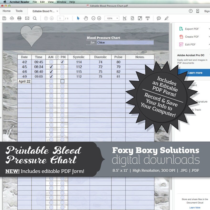 Printable Blood Pressure Chart With Editable PDF Form: Includes 1 JPG ...