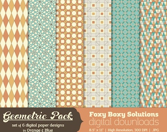 Geometric Patterns Digital Paper Pack: Set of 6 Digital Papers in Orange & Blue, Triangles, Octagons, Squares, Circles, Diamonds