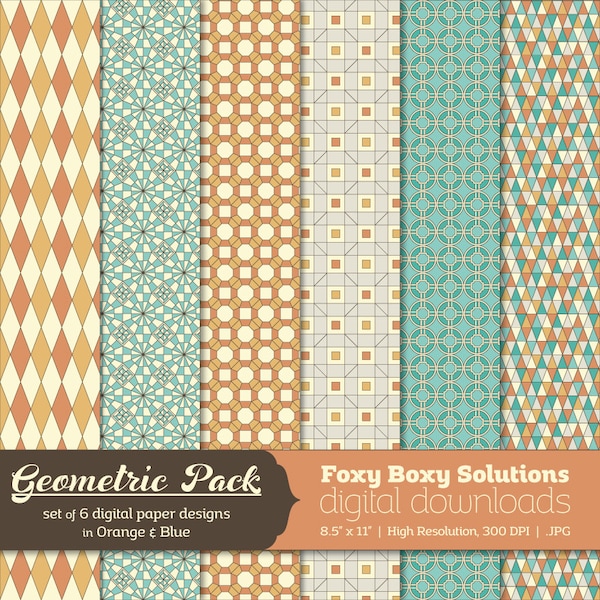 Geometric Patterns Digital Paper Pack: Set of 6 Digital Papers in Orange & Blue, Triangles, Octagons, Squares, Circles, Diamonds