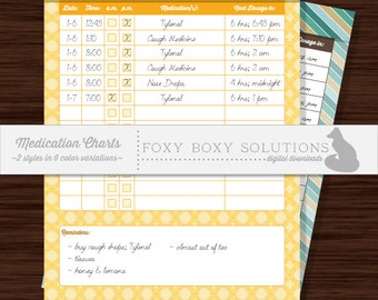 Medication Charts - 2 Different Styles in 6 Colors/Patterns; Printable Medication Tracker Charts, Instant Download, PDF & JPG