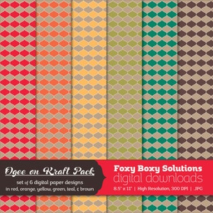 May include: Set of six digital paper designs featuring a geometric pattern in red, orange, yellow, green, teal, and brown. The designs are 8.5 inches by 11 inches and are high resolution, 300 DPI JPG files.