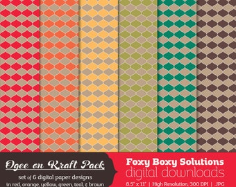 Ogee Pattern on Kraft Digital Paper Pack: set of 6 digital papers in red, yellow, brown, orange, teal, and green  Instant Download