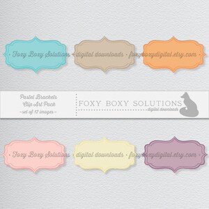 May include: Set of 12 pastel colored bracket clip art images. The brackets are in various pastel colors, including light blue, beige, orange, pink, yellow, and purple. The text "Foxy Boxy Solutions - digital downloads - foxyboxydigital.etsy.com" is included in the image.