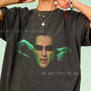 The Matrix Neo T-Shirt, Green Digital Code Portrait, Retro Cyberpunk Movie Graphic Tee
