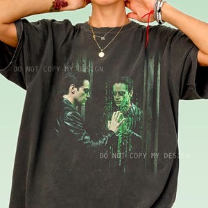 The Matrix Neo Scene T-Shirt, Green Digital Code Collage, Retro Sci-Fi Cyberpunk Graphic Tee