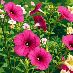 May include: A cluster of vibrant magenta petunia flowers with dark centers and green foliage. The scene features multiple trumpet-shaped blooms in full display, interspersed with smaller white and pale yellow flowers against a green background.