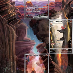 May include: A collection of three Pokémon trading cards featuring Charizard ex, Charmeleon, and Charmander. Each card displays a unique illustration of the creature in a canyon landscape, including text for attacks like Brave Wing, Combustion, and Blazing Destruction.