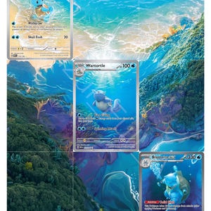 May include: A collection of three Pokémon trading cards featuring Squirtle, Wartortle, and Blastoise EX. The cards display aquatic illustrations of the characters in their natural habitats, including sandy shores and deep blue ocean waters with coral.