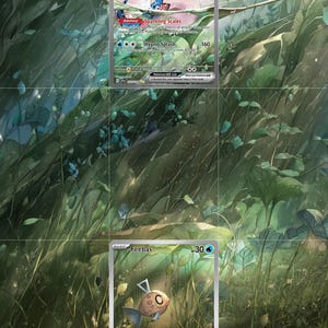 Puede incluir: Una carta coleccionable Milotic ex con 270 HP y una carta Feebas con 30 HP, ambas con ilustraciones detalladas de las criaturas en entornos acuáticos. Las cartas muestran texto que incluye Ability Sparkling Scales, Hypno Splash y Leap Out.