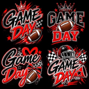 Peut inclure: Quatre designs graphiques avec le texte GAME DAY en noir et rouge. Les éléments incluent un ballon de football américain marron, une couronne, un drapeau à damier, un cœur imprimé léopard, un nœud rouge, un casque et un mégaphone sur fond noir.