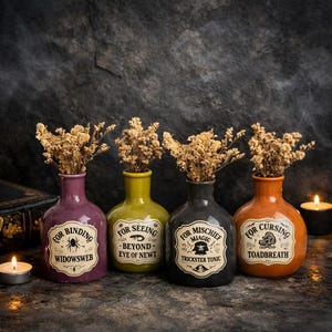 May include: Four ceramic apothecary bottles in purple, lime green, dark grey, and orange, each filled with dried flowers. The bottles feature vintage-style labels with text reading For Binding Widowsbew, For Seeing Beyond Eye of Newt, For Mischief Miagic Trickster Tonic, and For Cursing Toadbreath.