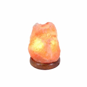 Può includere: Una lampada di sale dell'Himalaya rosa e luminosa, caratterizzata da una consistenza cristallina ruvida e una forma irregolare. La lampada è montata su una base circolare in legno marrone scuro, emettendo una luce calda dalla roccia.