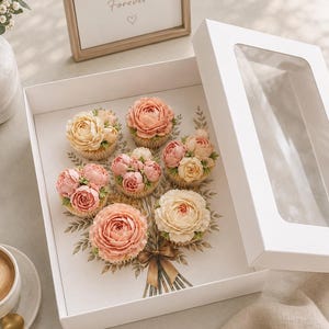 7 Cupcake Bouquet Box, Clear Window Leaf Insert, Fall Halloween Treat Packaging