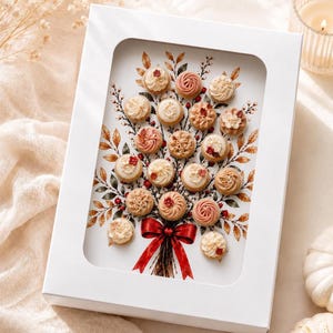 Caja con 17 minicupcakes, inserto de rosa con ventana transparente, empaque de regalo para panadería de otoño y Halloween.
