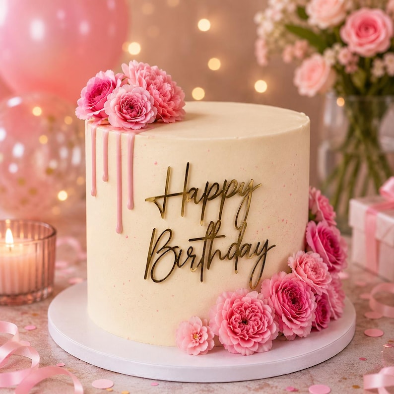 Gold Mirror Acrylic Happy Birthday Cake Topper, Elegant Script Party ...