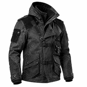 May include: A charcoal grey utility jacket featuring a hood, multiple flap pockets, and black shoulder panels. The front closure includes a series of horizontal buckled straps and metal snap buttons, with ribbed cuffs and a structured collar design.