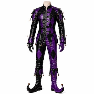 Kunglig lila läderdräkt för män, mörk harlequin-dräkt, medeltida fantasi hovnarrkostym, gotisk lajv-cosplay