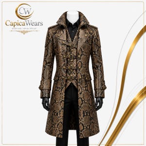 Python Print Genuine Leather Trench Coat, Snake Embossed Long Leather Jacket, Belted Designer Statement Outerwear