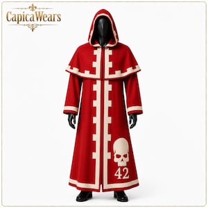 Tech Priest Robe Cosplay Costume inspired by Warhammer 40K featuring a red hooded canvas cotton robe with Adeptus Mechanicus styling.