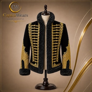 Giacca da ussaro nera da uomo, cappotto pelose militare napoleonico, uniforme da ufficiale di cavalleria con trecce dorate, costume per rievocazioni storiche.