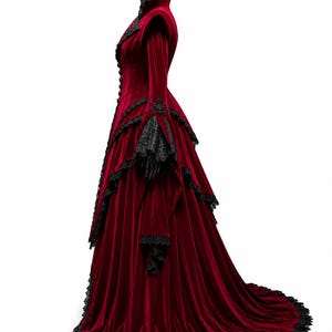 Elegant Gothic Vampire Queen cosplay outfit crafted from premium burgundy velvet, featuring a fitted Victorian bodice, dramatic sleeves, black lace accents, and a long cathedral-style train.